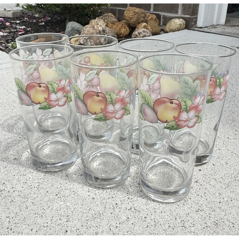 Epoch Market Day Fruit Floral 16 Oz Tumblers Glasses Set of 7 Vintage Cottage